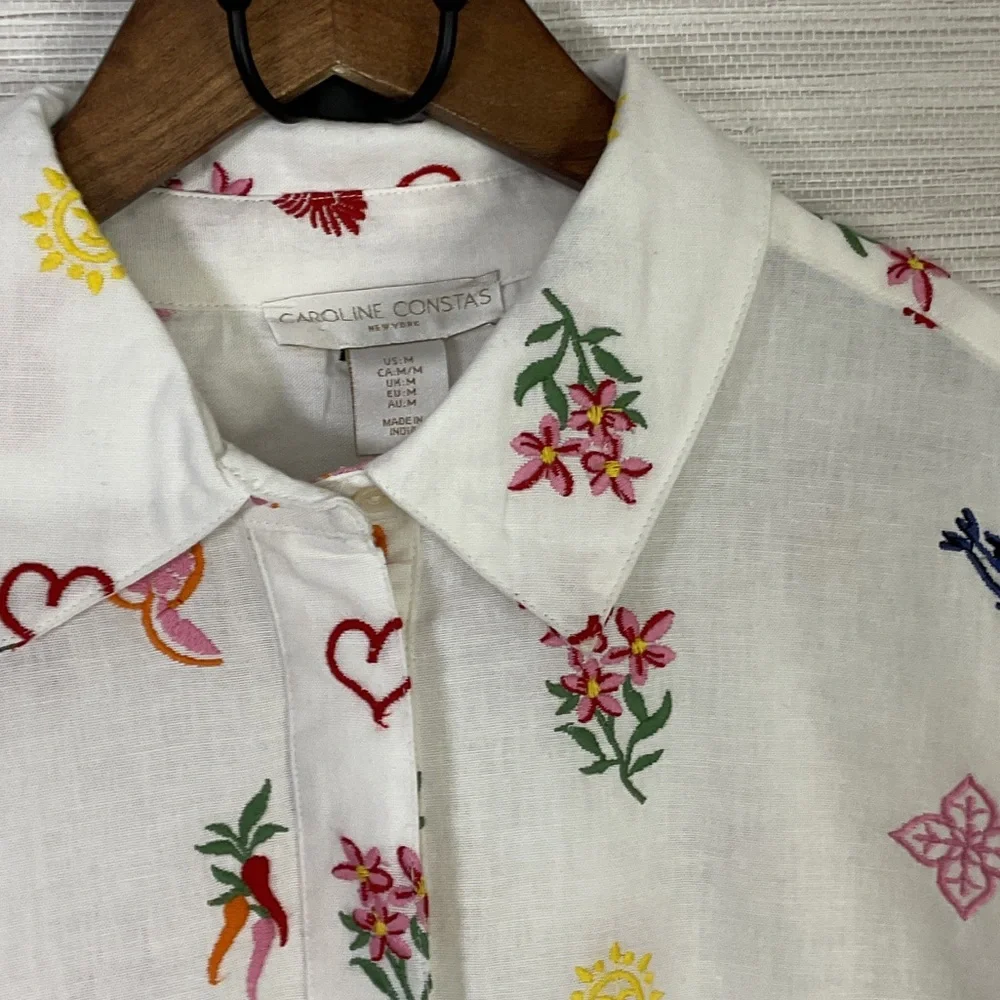 Caroline Constas White Crop Button Up Embroidered Top Med Summer Print Linen - Picture 6 of 13